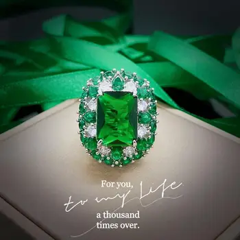 HOYON 925 skiedra spalvos Prabanga miško princesė deimanto žiedas modeliavimas emerald group inkrustacijos, žalios spalvos lobis gyventi žiedas moteris