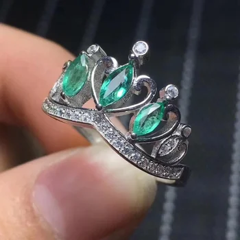 Mados malonės karūna Natūralus žaliasis smaragdas Žiedas 925 Sterlingas Sidabro šaliai baudą, dovana, Papuošalai karaliaus karūna