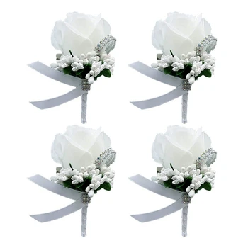 4-Pack Vestuvių Corsage Baltos Rožės, Rankų Darbo Mori Uogų Modeliavimas Vieną Rose Vestuvių Corsage