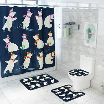 Spausdinti vonios kilimėlis keturių dalių komplektas Kalėdų Senelis, nykštukas dušo užuolaidos grindų kilimėlis tualeto kilimėlis dušo užuolaidos