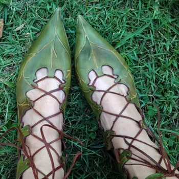Vasaros sandalai moterims mados žalia oda nėrinių pažymėjo tne gėlių derliaus moterų obcasie sandalai striptizo moterų butas