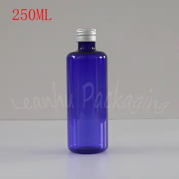 250ML Mėlynas Apvalus Plastikinis Butelis Su Aliuminiu Dangteliu , 250CC Šampūnas / Losjonas / Vandens Sub-išpilstymo , Tuščias Kosmetikos Bakas