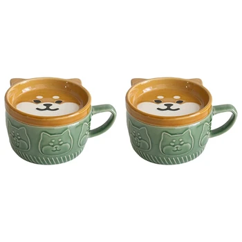 2X Japonijos Mielas Puodelis Kūrybinės Keramikos Shiba Inu Panda Kavos Puodelis Su Dangteliu Namų Poros Pieno Pusryčiai Taurės(Žalia)