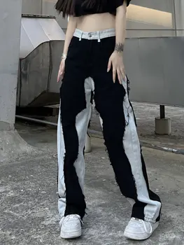 Retro Juoda Kratinys Ponios Džinsai 2K Streetwear paaukštintu liemeniu senamadiškas Plataus kojomis Kelnės su laisvais Atsitiktinis Kelnės