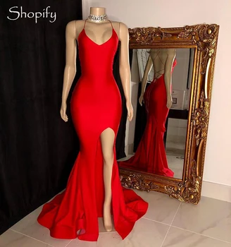 Seksualus, Mermaid Stiliaus Backless Juodosios Afrikos Mergaičių Hlater Raudona Satino Ilgai Paprasta Prom Dresses 2022