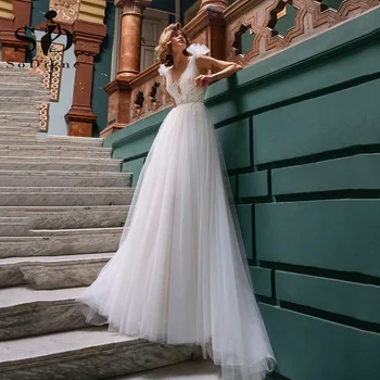 SoDigne Linijos Vestuvių Suknelė V Kaklo Dirželis Nėrinių Nuotakos Suknelė 2022 Mygtukai Princesė Ilgai Boho Grindų Ilgis Vestuvių Suknelė