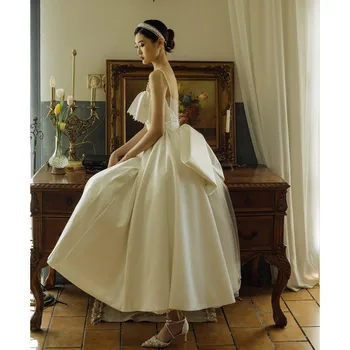 Prancūzijos Šviesos Vestuvių Suknelė Satino Mažas Žmogus Slim Retro Paprastas Diržas 2022 Naujos Nuotakos Suknelė Temperamentas Elegantiška Vestuvinė Suknelė