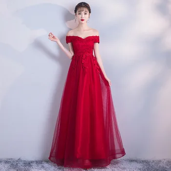 2020 m. Pavasarį Naują vakarinę Suknelę nuo Peties Seksualus V-kaklo Linijos, Keltas Suknelės, Šaliai, Grindų Ilgis Vyno Raudona Pokylių Suknelė