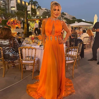Seksualus Orange Iškirpti Prom Dresses Kristalai Šifono Linijos Priėmimo Gimtadienio Suknelė Mezgimo Boho Moterų Maxi Suknelė