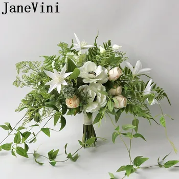 JaneVini Blumenstrauss Nuotaka Balta Gėlė, Puokštės Dirbtinis Žali Lapai Bridesmaid, Vestuvių Nuotakos Puokštė Fleur Mariage 2019