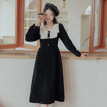 V-Kaklo Velvetas Rudenį Streetwear Korėjos Mados Moterų Derliaus Studentų Elegancija Kratinys Ilgomis Rankovėmis Suknelės
