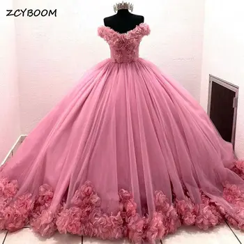 Žavinga Rožinė Brangioji Quinceanera Suknelės 2022 Rankovių 3D Gėlės Appliques Šalis Princesė Kamuolys Suknelė Vestidos De 15 Años