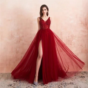 Duobute Prom Dresses 2022 Ilgai Seksualus V-Kaklo Aukštos Padalinta Tiulio Valymo Traukinio Rankovių Vakare Gown-Line Backless Vestido De