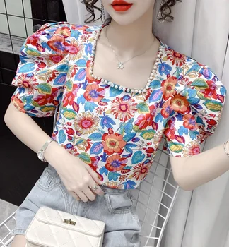 Vasaros naują stilių sluoksniuotos rankovėmis aikštėje apykaklės palaidų gėlių šifono marškinėliai moterims