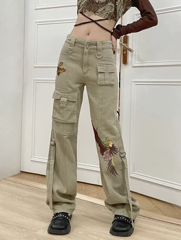 WeiYao Chaki Derliaus Siuvinėjimo Džinsai Moteris Estetinės Atsitiktinis Streetwear Džinsinio Audinio Likučius Kišenės Prisiūta Tiesiai Krovinių Kelnės