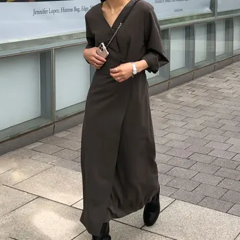 Korėjos Stiliaus Kryžiaus V Kaklo Suknelė Moteris OLIS Mygtuką Aukšto Juosmens ilgomis Rankovėmis Pusėje Ritininės Atgal Užtrauktuką Office Suknelės Moterims Dropshipping