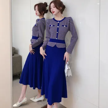 Korėjos Moterų Megztinis Suknelė Rudens-Žiemos Mados Houndstooth Megzti Netikrą dviejų dalių Kratinys Slim plisuotos Midi Suknelė Vestidos
