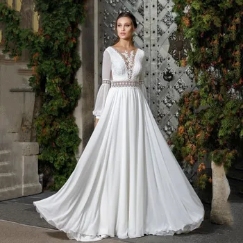 TIXLEAR Boho Šifono Vestuvių Suknelės, Elegantiškos Baltos Linijos, Sluoksniuotos ilgomis Rankovėmis Backless Nuotakos Suknelė Moterims 2022