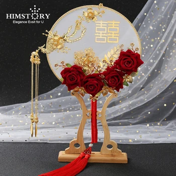 HIMSTORY Derliaus Kinijos Nuotakos Puokštės Ventiliatorius Dirbtinės Raudonos Rožės, Gėlės Metalo Turas Vertus, Ventiliatorius Vestuvių Priedai