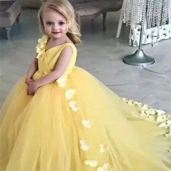 V-Kaklo Geltonos spalvos Gėlių Mergaičių Suknelės Su 3d Gėlės Appliques Užsakymą Tiulio Vaikai Vestidos De Merginos Inscenizacija Šalis Suknelė