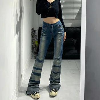 Moterų Flare Džinsai Vintage Mažas Juosmens Streetwear Y2K Nuplauti Džinsinio audinio Kelnės Atsitiktinis Grunge Džinsai Retro 90S Baggy Kelnės Sweatpants