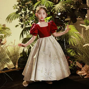 2022 naujas gilding spausdinimo Raudona Mergaičių suknelė Gėlių mergaitė Vestuvių Suknelė rudenį Baby Princess ilga suknelė Vaikai vakaro Suknelės