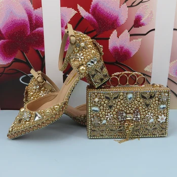 Prabangus Šampanas Aukso Krištolo vestuvių batai atitikimo krepšiai moteris mados Storas kulnas Moterys šalis suknelė bateliai Smailiomis Toe bateliai