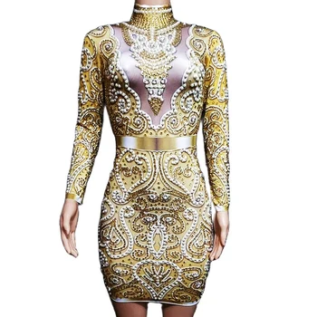 Sparkly Cirkonio Aukso Deimantų Moterų Suknelė Ilgomis Rankovėmis Leotard Trumpą Suknelę Gimtadienio Dėvėti Naktiniame Klube Dainininkė, Šokių Kostiumas