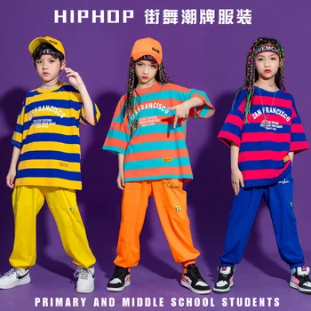 Vaikų Hip-Hop Kostiumas Berniukų trumpomis Rankovėmis Dryžuotas Hip-Hop Veiklos Madingų Drabužių Mergaičių Džiazo Šokių Drabužius Studentų Laisvas