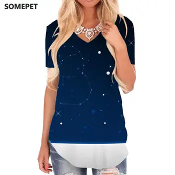 SOMEPET Kalėdų Marškinėliai Moterims Sniego Shirt Spausdinti Constellation T-shirts 3d Galaxy V-kaklo Marškinėlius Moteriški Drabužiai Vasarą Laisvas