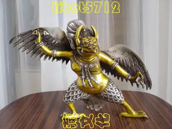 H 150mm Dekoruoti aukštų Tibeto Budizmo Sidabro godlen dažytos bronzos Garuda Paukščių Dievo Statula didmeninė Apdailos nekilnojamojo Sidabro, Žalvario