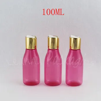 100ML Rose Red Plastikinis Buteliukas Su Aukso Diską Viršutinio Dangtelio , 100CC Losjonas / Šampūnas Kelionės Pakuotė Butelis , Tuščias Kosmetikos Bakas