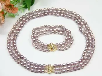 3 eilutėje 7-8mm gamtos originali ovalo formos gėlavandeniai rožinė, violetinė perlų vėrinį 17
